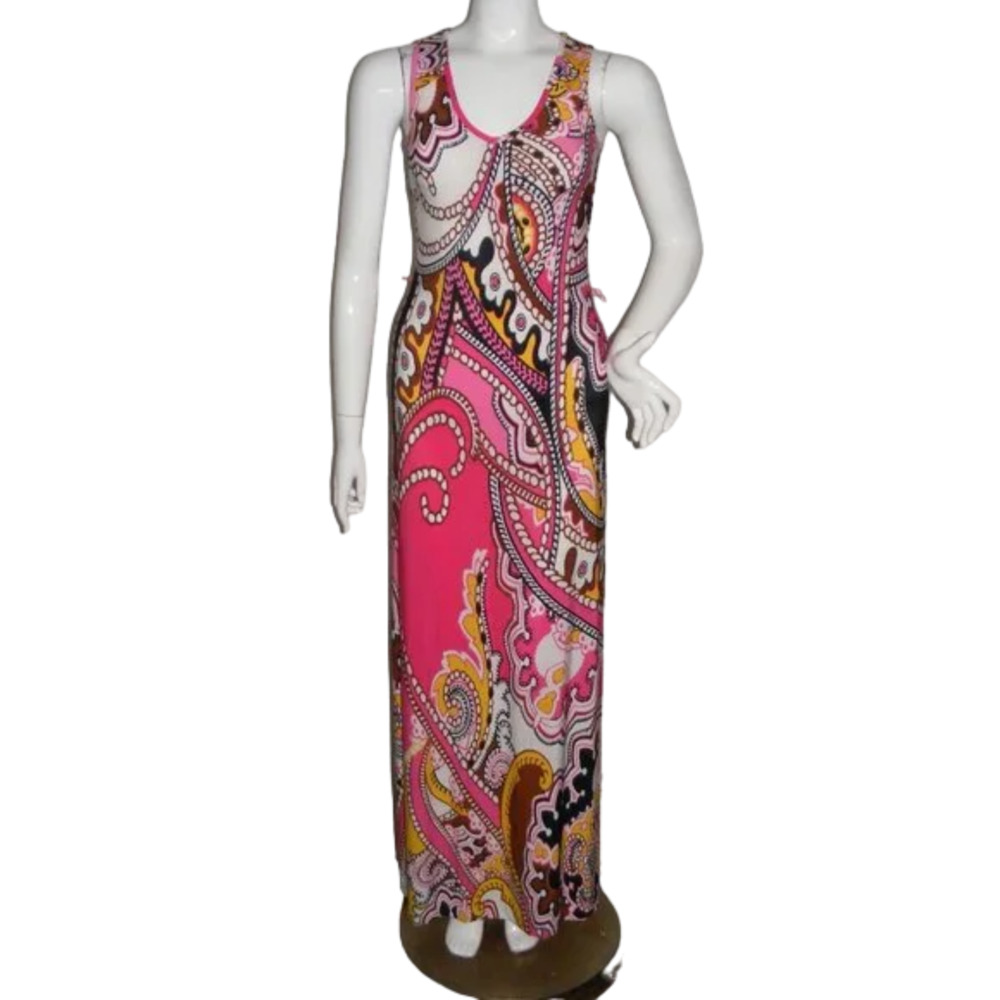 CACHE Maxi Dress, XS, Tank, Bold Pink, Busy print, Sleeveless, Poly-spandex